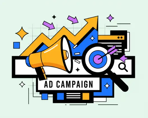 Ilustracja kampanii reklamowych – megafon, wykres i napis Ad Campaign